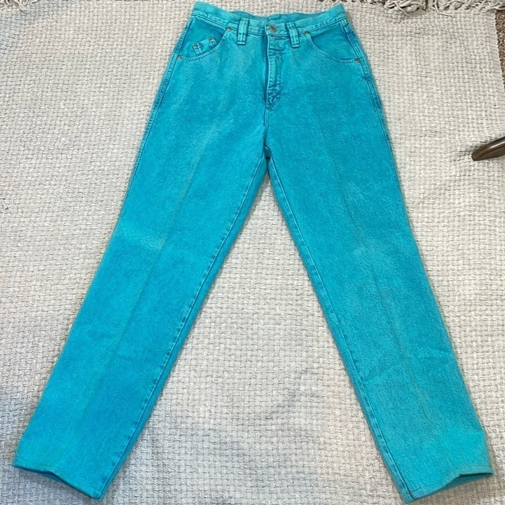 1980's Wrangler Turquoise High Rise Cowgirl Jeans Bare Back Size 11/12 - Picture 6 of 12